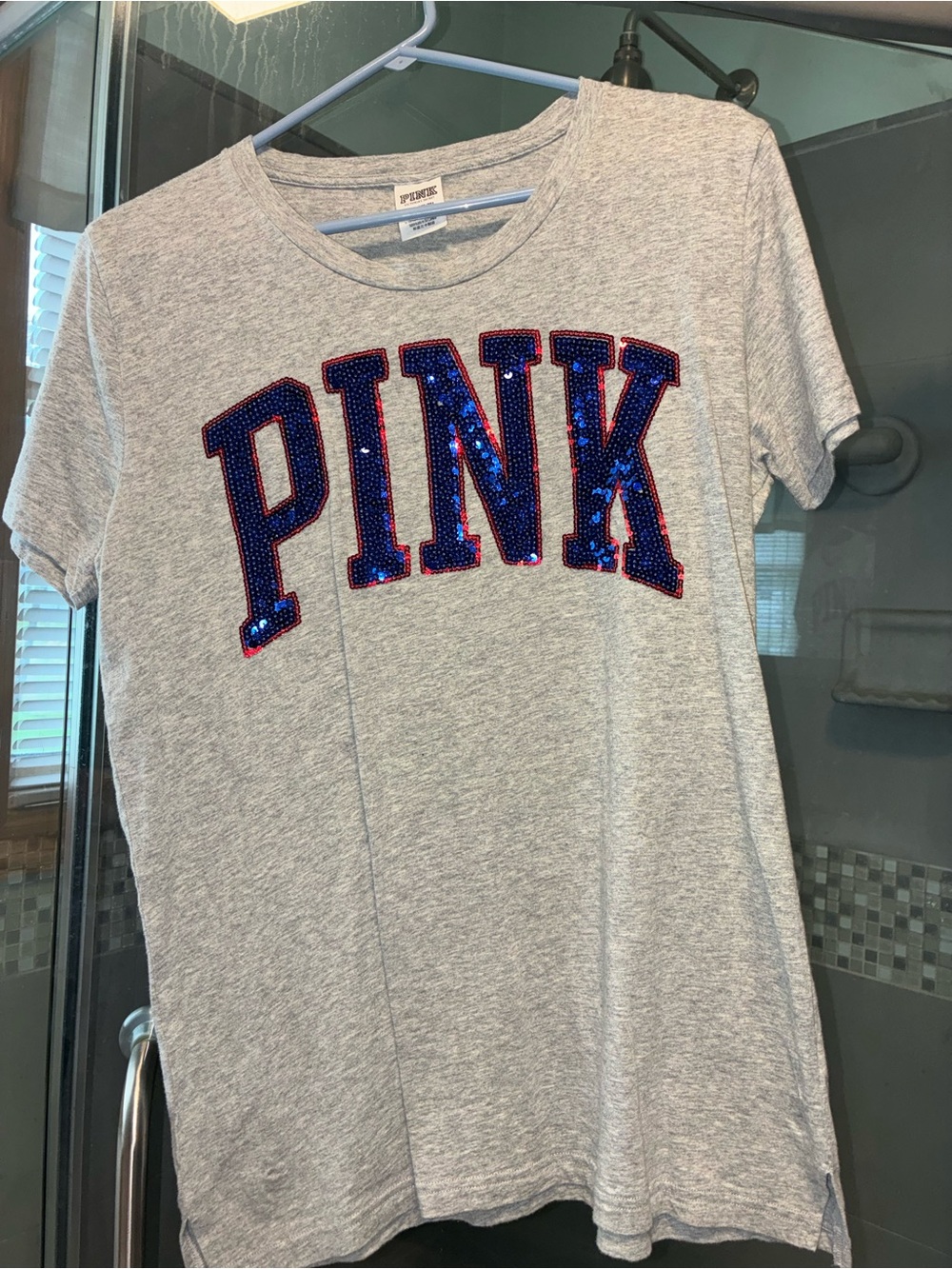 PINK Victoria's Secret Heather Gray Tee with Blue Sequin Logo